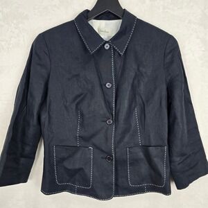 Neiman Marcus black 100% Linen Pick Stitch Blazer Jacket Womens 8 3/4 Sleeve